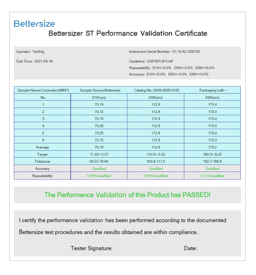 Bettersizer ST performance validation certificate