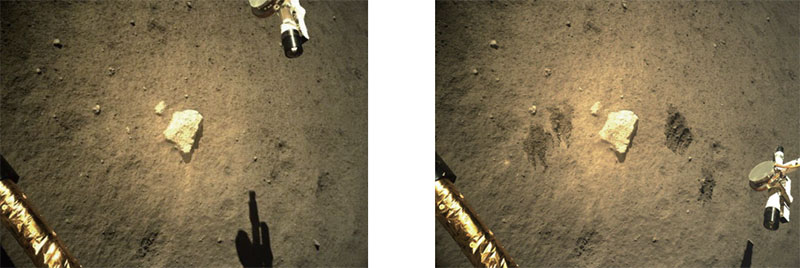 On-site camera images of the sampling site of the Chang’E-5 mission before and after digging