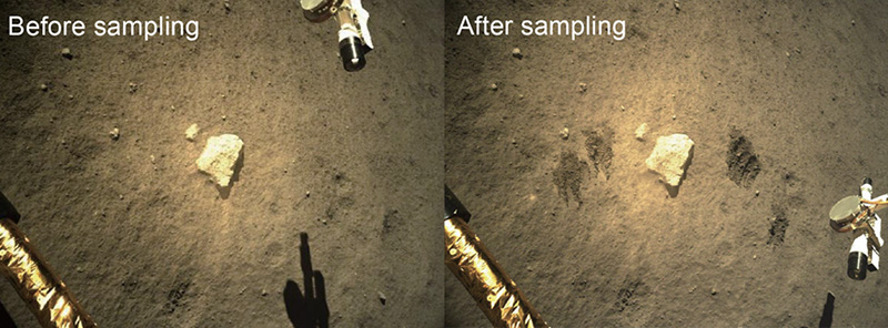 Figure 2. Chang’E-5 on-site image for before and after sampling