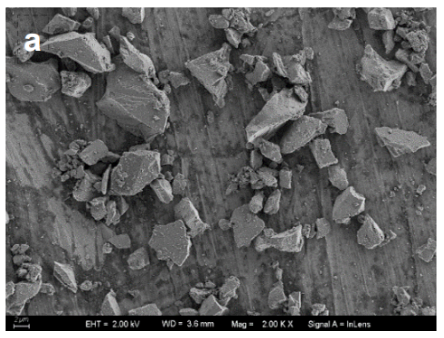 SEM images of a common abrasive (zirconium oxide) having sharp edges