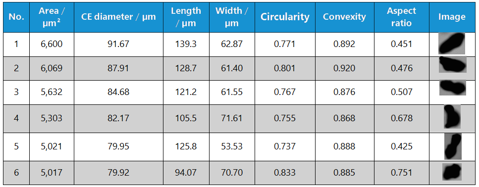 Selected single particle parameters of the 6 largest particles of the sample AlSi10Mg fresh detected by the 10x camera