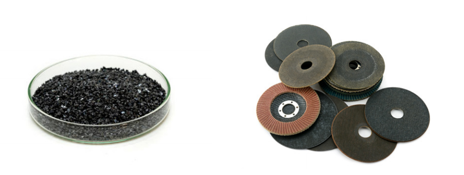 (left) loose black silicon carbide abrasive grits; (right) bonded abrasive products