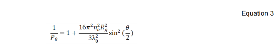 Equation 3 defines the shape factor Pθ with λ0, NA, n0, θ, and Rg, which is the macromolecule’s radius of gyration.